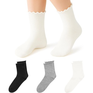 image:imageStelle Girls Ruffle Socks Uniform Dress Ankle Crew Sock 356 Pairs for Kid  Lettuce Edge Sock Cotton Frilly Breathable Comfort Sweet Frilly Trim Soft Stretchy School Toddler Kid 318 Years3 Pairs Black white light Grey