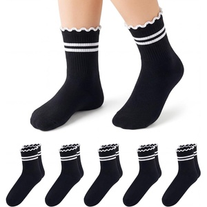 image:imageStelle Girls Socks Cotton Ruffle Athletic Ankle Sock 345 Pairs for Kids  Sporty Stripes Activewear Sock Breathable Comfort Soft Sweet Frilly Trim Stretchy Ribbed Big Girl Toddler 318 Years5 Black