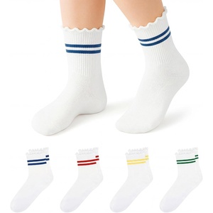 image:imageStelle Girls Socks Cotton Ruffle Athletic Ankle Sock 345 Pairs for Kids  Sporty Stripes Activewear Sock Breathable Comfort Soft Sweet Frilly Trim Stretchy Ribbed Big Girl Toddler 318 YearsRedyellowbluegreen Stripes