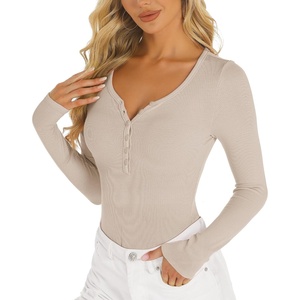 image:imageStelle Women Henley Long Sleeve Crop Tops Ribbed Knit Button Slim Fitted Tops Casual Basic T ShirtsDesert Beige2