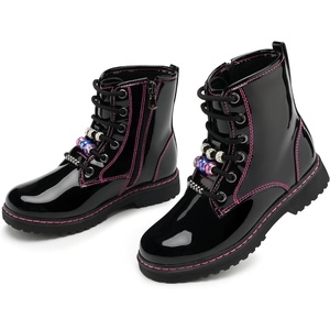 image:imageStelle Girls Combat Boots with DIY Lace Up Side Zipper Ankle Boots  Durable faux leather Serrated TPR outsoles Waterresistant exterior Inner side zipper Colorful customizable beadsPublack Pat