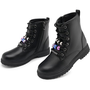 image:imageStelle Girls Combat Boots with DIY Lace Up Side Zipper Ankle Boots  Durable faux leather Serrated TPR outsoles Waterresistant exterior Inner side zipper Colorful customizable beadsBlack