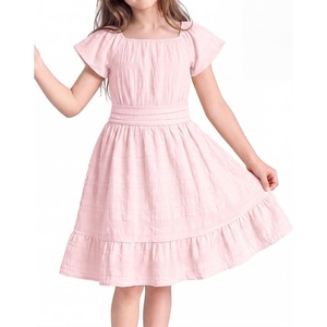 image:imageStelle Girls Summer Casual Smocked Dress 515 Years  Short SleeveSquare NeckBacklessCotton LiningDouble LayerA LineTwirl DressBack to SchoolBeachHolidaySkater DressLight Pink