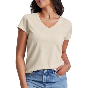 image:imageStelle Womens Cotton VNeck T Shirt Short Sleeve Basic Tees Casual TopsWhite Beige